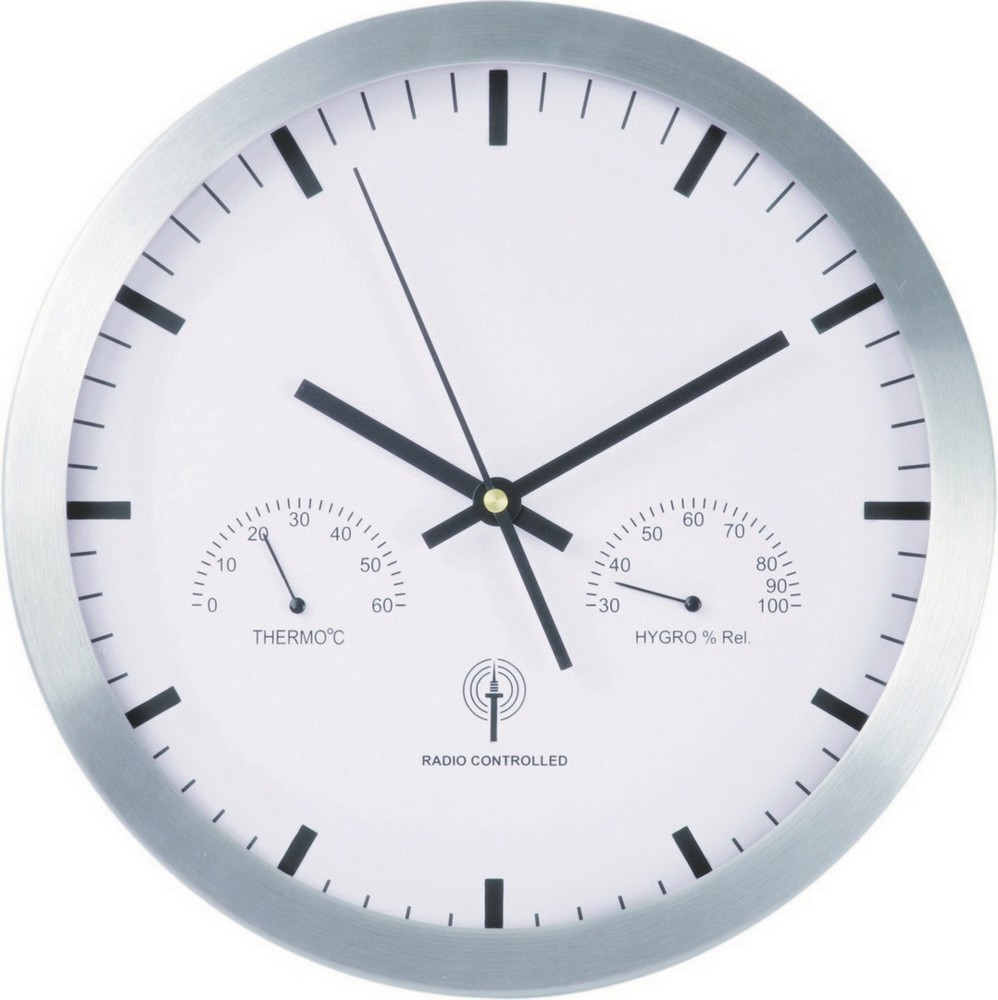 Nestler-matho Große Funkwanduhr 30 cm aus Alu mit automatischer Zeiteinstellung, Thermometer und Hygrometer